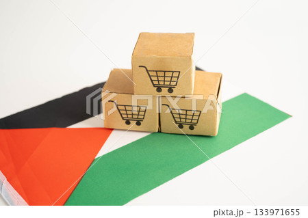 Online shopping, Shopping cart box on Sudan flag, import export, finance commerce. Online shopping, Shopping cart box on Sudan flag, import export, finance commerce. 133971655