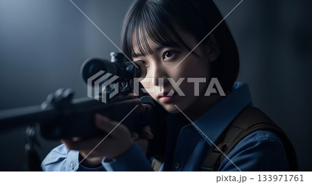 ライフルで標的を狙う若き暗殺者、冷徹な眼差しの日本人女子高生 ライフルで標的を狙う若き暗殺者、冷徹な眼差しの日本人女子高生 133971761
