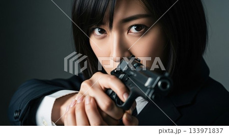 秘めたる決意、ハンドガンを構える日本人女子高生の眼差し 秘めたる決意、ハンドガンを構える日本人女子高生の眼差し 133971837