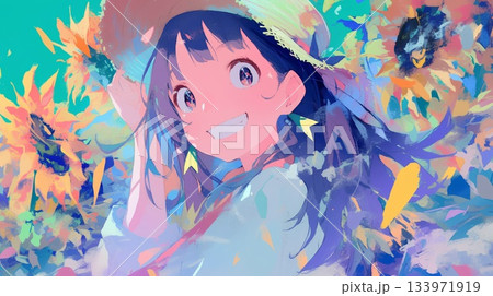 ひまわり畑にいる女性 133971919