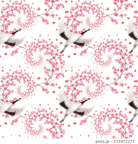 Seamless pattern of sakura spirales and japanese cranes. Watercolor handmade illustration. For fabric, wallpaper, greeting cards, design, decoration and illustration. 133972277