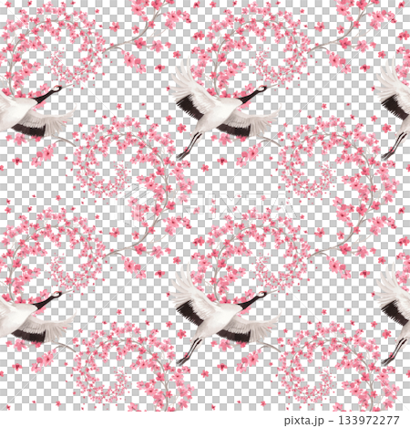 Seamless pattern of sakura spirales and japanese cranes. Watercolor handmade illustration. For fabric, wallpaper, greeting cards, design, decoration and illustration. 133972277