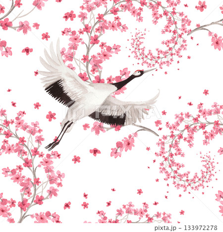 Seamless pattern of sakura spirales and japanese cranes. Watercolor handmade illustration. For fabric, wallpaper, greeting cards, design, decoration and illustration. 133972278