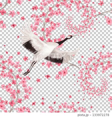 Seamless pattern of sakura spirales and japanese cranes. Watercolor handmade illustration. For fabric, wallpaper, greeting cards, design, decoration and illustration. 133972278