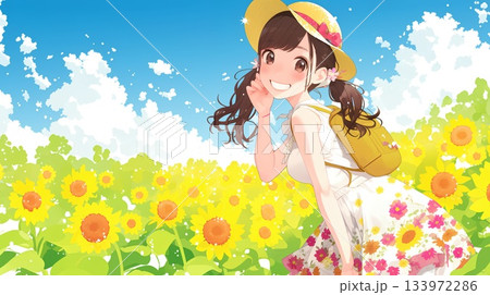 ひまわり畑を散策する女性 ひまわり畑を散策する女性 133972286