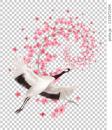 Japanese crane with a spiral sakura branch on a background. Watercolor handmade illustration. For fabric, wallpaper, greeting cards, design, decoration and illustration. Japanese crane with a spiral sakura branch on a background. Watercolor handmade illustration. For fabric, wallpaper, greeting cards, design, decoration and illustration. 133972304