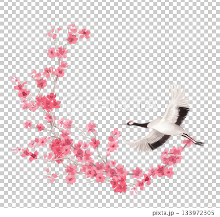 Wreath of sakura branches and japanese crane. Watercolor handmade illustration. For fabric, wallpaper, greeting cards, design, decoration and illustration. Wreath of sakura branches and japanese crane. Watercolor handmade illustration. For fabric, wallpaper, greeting cards, design, decoration and illustration. 133972305