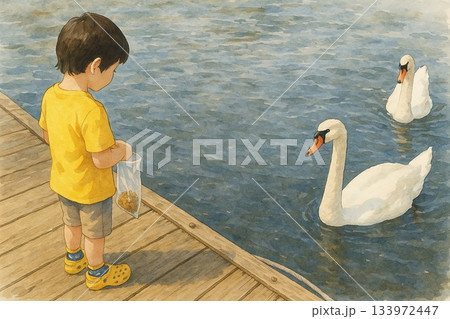 Boy Feeding Swans｜白鳥にエサをあげる男の子の水彩イラスト 133972447