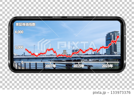 地方都市の風景を壁紙にしたスマホ画面に長期的な株価の推移を表示させているイメージ 133973376