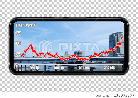 地方都市の風景を壁紙にしたスマホ画面に長期的な株価の推移を表示させているイメージ 地方都市の風景を壁紙にしたスマホ画面に長期的な株価の推移を表示させているイメージ 133973377