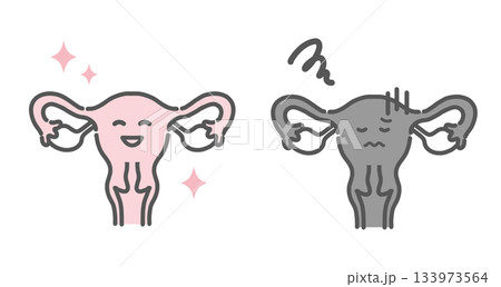 健康な子宮と不調な子宮の比較イラスト(キャラクター・対比) 健康な子宮と不調な子宮の比較イラスト(キャラクター・対比) 133973564