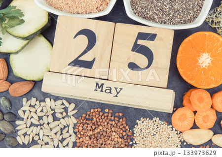 Nutritious food and May 25 on calendar as date of World Thyroid Day 133973629