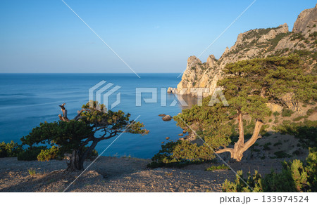 View of cliffs and the sea among juniper trees on the Golitsyn Trail, Novy Svet View of cliffs and the sea among juniper trees on the Golitsyn Trail, Novy Svet 133974524