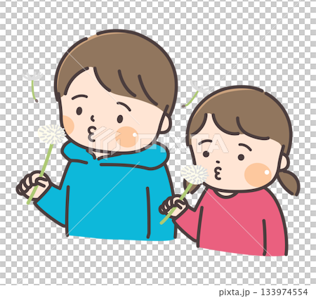 Illustration of a little brother and sister blowing dandelion fluff 133974554