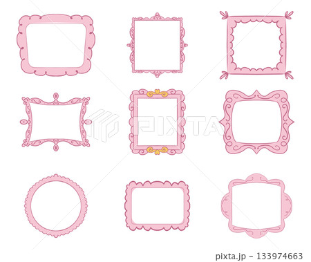 Princess frame mirror set line fairy. Whimsical cute doodle mirrors with crown for baby princess. Collection elegant pastel decor. 133974663