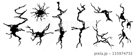 Crack wall, ground texture breaks on land surface. Ground fissure line sketch set. Crash fracture, land damage, earthquake 133974732