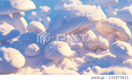 雪に埋もれた白いキノコがある風景、アニメ風 雪に埋もれた白いキノコがある風景、アニメ風 133975611