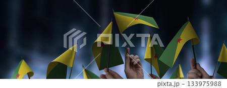 French Guiana flags in their hands on a blurred urban background French Guiana flags in their hands on a blurred urban background 133975988
