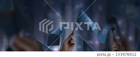 Food and agriculture organization flags in their hands on a blurred urban background 133976012