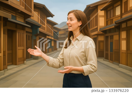 木造風の街並みを背景に説明する女性ガイド 133976220