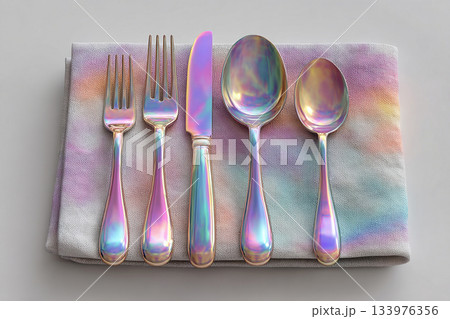 Everyday dining kitchenware. Bright silverware set. Fork, knife and spoon. Casual dining or lifestyle. Kitchenware and dining products. Everyday dining kitchenware. Bright silverware set. Fork, knife and spoon. Casual dining or lifestyle. Kitchenware and dining products. 133976356