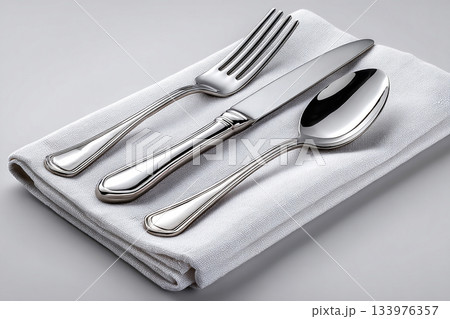 Marketing premium kitchenware and dining products. Set for everyday dining, Fork, knife and spoon on a white background. Dining settings. 133976357