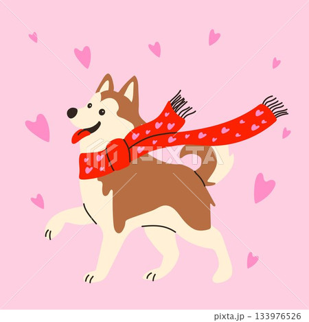 Cartoon Dog in Love Theme with Red Scarf and Hearts Cartoon Dog in Love Theme with Red Scarf and Hearts 133976526