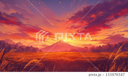 夕方の山の遠景、アニメ風 133976587