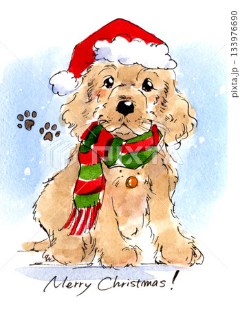 サンタ帽をかぶったコッカーのクリスマス水彩イラスト 133976690