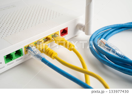 Ethernet cable with wireless router connect to internet service provider network. 133977430