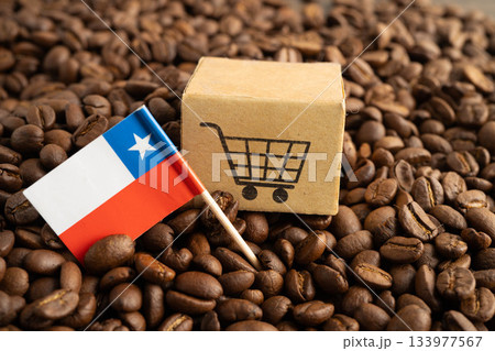 Chile flag on coffee beans, shopping online for export or import food product. Chile flag on coffee beans, shopping online for export or import food product. 133977567
