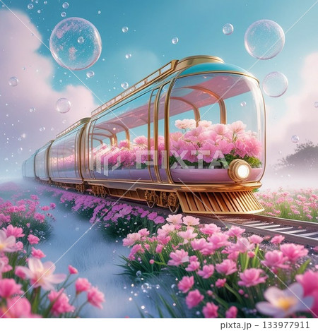 花畑を走るクリスタルの機関車 133977911