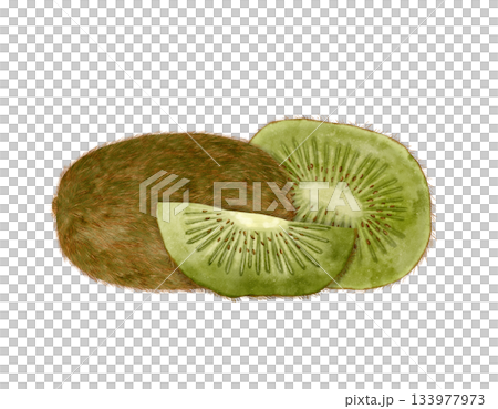 Beautifully arranged Fresh Kiwi Slices along with Whole Fruit against a White Background Beautifully arranged Fresh Kiwi Slices along with Whole Fruit against a White Background 133977973