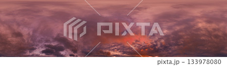 Dramatic Sunset sky 360 panorama. Vibrant sky with bright glowing red pink Cumulus clouds. HDR 360 seamless spherical panorama. Sky dome for aerial drone panoramas. Climate and weather change. Dramatic Sunset sky 360 panorama. Vibrant sky with bright glowing red pink Cumulus clouds. HDR 360 seamless spherical panorama. Sky dome for aerial drone panoramas. Climate and weather change. 133978080