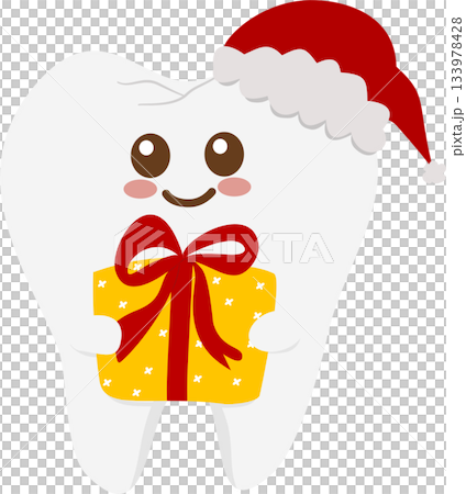 Smiling Tooth Cartoon Wearing Santa Hat and Holding Present Smiling Tooth Cartoon Wearing Santa Hat and Holding Present 133978428