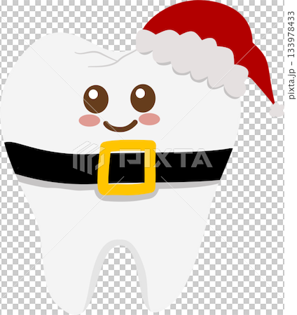 Cartoon Festive Tooth Character Dressed in Santa Hat and Belt Cartoon Festive Tooth Character Dressed in Santa Hat and Belt 133978433