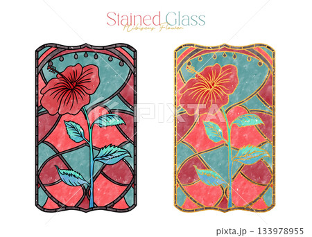 Tropical Art Deco Hibiscus Flower Stained Glass Clipart Watercolor Illustration | Vector 133978955