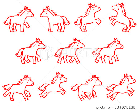 馬のキャラクターの赤い線画イラストセット 馬のキャラクターの赤い線画イラストセット 133979139