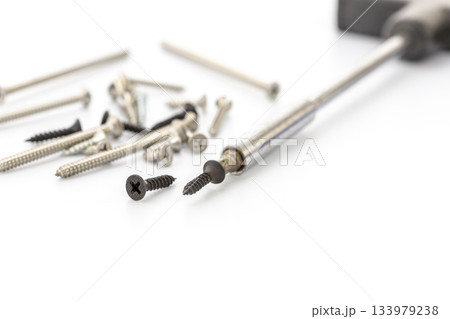 Close-up of assorted screws and a screwdriver bit on a white background 133979238