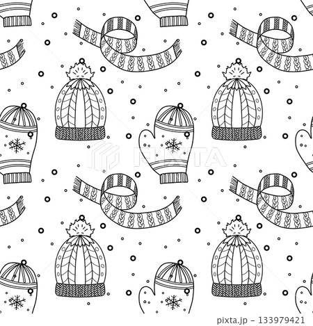 Seamless pattern. Line drawing of winter symbols. 133979421