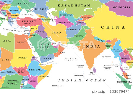 West Asia and South Asia, multi colored political map with countries and international borders. Western or Southwest Asia, with the Middle East, and South Asia, with the Indian subcontinent. Vector West Asia and South Asia, multi colored political map with countries and international borders. Western or Southwest Asia, with the Middle East, and South Asia, with the Indian subcontinent. Vector 133979474