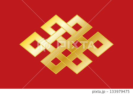 Golden endless knot, also known as eternal knot, on red field. Common form of an intertwining knot and one of eight Auspicious Symbols in Hinduism, Jainism and Buddhism. Isolated illustration. Vector 133979475