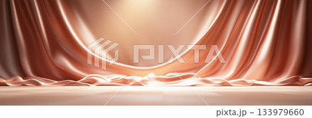Elegant rose gold fabric stage background with flowing drapes and soft lighting 133979660