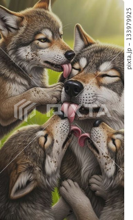 遊び心あふれる子オオカミが親の口元を舐める – ダークグレー調 133979925