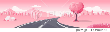 Horizontal or Landscape view of asphalt curved road. Road curves through the pink fields and heart shaped tree. Background of mountain under the sky and white clouds. For valentine day. 133980436