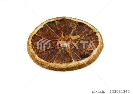 Dried orange slices on white background. Decor for gift wrapping and home decoration for Christmas. for making drinks. Design element for advertising. 133981346