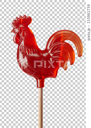 Vibrant red rooster-shaped lollipop candy on stick, isolated on transparent background, function and simple treat for parties or chinese zodiac themes 133981739