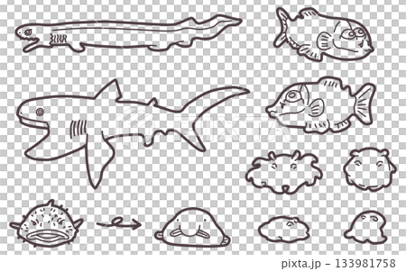 一組描繪深海生物的插圖，例如畸形章魚和鯊魚。 133981758