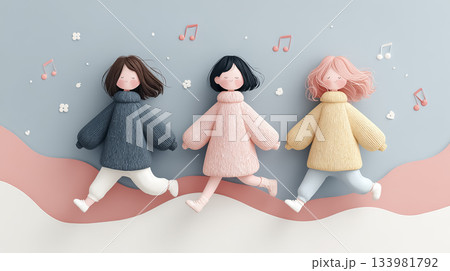 絵美シリーズ:2人の絵美が音符の渦と柔光に包まれながら歌う 音の妖精シーン 絵美シリーズ:2人の絵美が音符の渦と柔光に包まれながら歌う 音の妖精シーン 133981792