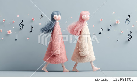 絵美シリーズ：2人の絵美が音符の渦と柔光に包まれながら歌う　音の妖精シーン 133981806